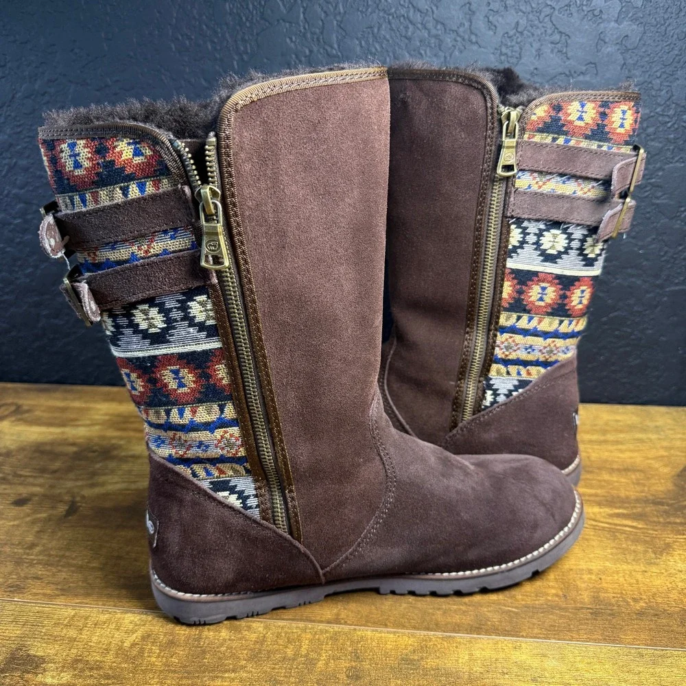 Lamo Tribal Pattern Suede Textile Mid-Calf Boot Womens Size 10‎ Brown